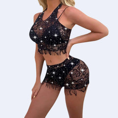 Aşk Lingerie Taşlı Karanlıkta Parlar Desenli Mini Alt Üst Fantezi Vücut Çorabı