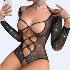Aşk Lingerie Taşlı Karanlıkta Parlar Boyundan Askılı Çapraz Detaylı İnce Fileli Bodysuit Fantezi Vücut Çorabı