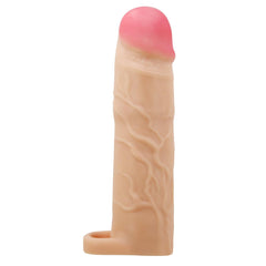 Extended Series Premium Dokulu 7,6 CM Dolgulu Testis Halkalı Ten Rengi Silikon Penis Kılıfı Gerd