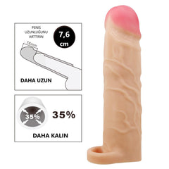 Extended Series Premium Dokulu 7,6 CM Dolgulu Testis Halkalı Ten Rengi Silikon Penis Kılıfı Gerd