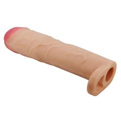 Extended Series Premium Dokulu 7,6 CM Dolgulu Testis Halkalı Ten Rengi Silikon Penis Kılıfı Gerd