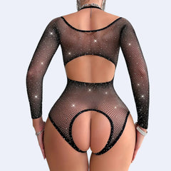 Aşk Lingerie Taşlı Karanlıkta Parlar Boyundan Askılı Çapraz Detaylı İnce Fileli Bodysuit Fantezi Vücut Çorabı