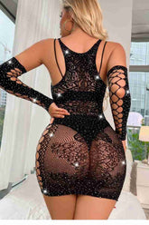 Fantazi Özel Taşlı Vücut Çorabı Elbise Görünümlü Siyah