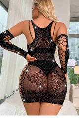 Fantazi Özel Taşlı Vücut Çorabı Elbise Görünümlü Siyah