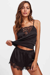 Aşk Fantazi Dantel İşlemeli saten Şortlu Pijama Takım Siyah