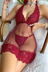 Aşk Lingerie Fantezi Dantelli Transparan Tangalı Gecelik Takım Kırmızı
