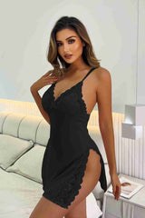 Aşk Lingerie Dantelli Yanlardan Derin Yırtmaçlı Gecelik Siyah