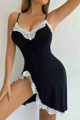 Fantazi Bacak Derin Yırtmaçlı Dantel İşlemeli Gecelik Babydoll Siyah Beyaz