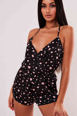 Aşk Fantazi Kalp Baskılı Tulum Gecelik Benekli Siyah