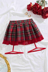 Aşk Lingerie Pileli Dantelli Ekose Etek Jartiyer Detaylı Kırmızı