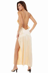 Aşk Fantazi Uzun Derin Yırtmaçlı Saten Gecelik Elbise Sarı