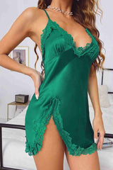 Aşk Fantazi Şık Dantelli Yırtmaçlı Saten Gecelik Yeşil