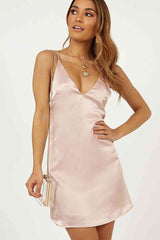 Aşk Fantazi Kısa Saten Gecelik Mini Elbise Pembe
