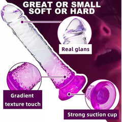 Realistik Jel Dokulu Testissiz Ultra Yumuşak Şeffaf Mor Yapay Penis Dildo