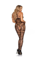 Siyah Fantazi Boyundan Askılı Seksi Dantelli Vücut Çorabı