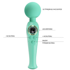 Dijital Göstergeli Şarjlı Klitoris Uyarıcılı Titreşim Ve Hız Ayarlı Kadın Wand Masaj Vibratör Turkuaz Yeşili
