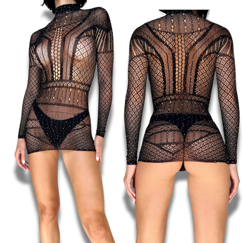 Aşk Lingerie Taşlı Karanlıkta Parlar Boğazdan Saran İnce File Mini Fantezi Vücut Çorabı
