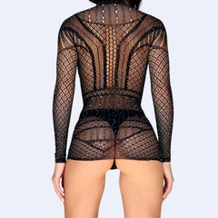Aşk Lingerie Taşlı Karanlıkta Parlar Boğazdan Saran İnce File Mini Fantezi Vücut Çorabı