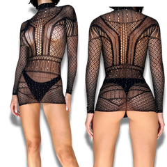 Aşk Lingerie Taşlı Karanlıkta Parlar Boğazdan Saran İnce File Mini Fantezi Vücut Çorabı