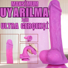 21 CM Parlak Simli Ultra Yumuşak Pembe Realistik Yapay Penis Dildo