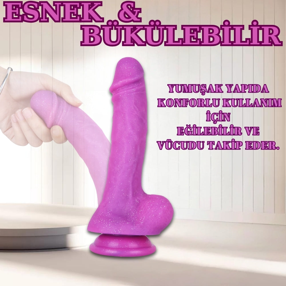 21 CM Parlak Simli Ultra Yumuşak Pembe Realistik Yapay Penis Dildo