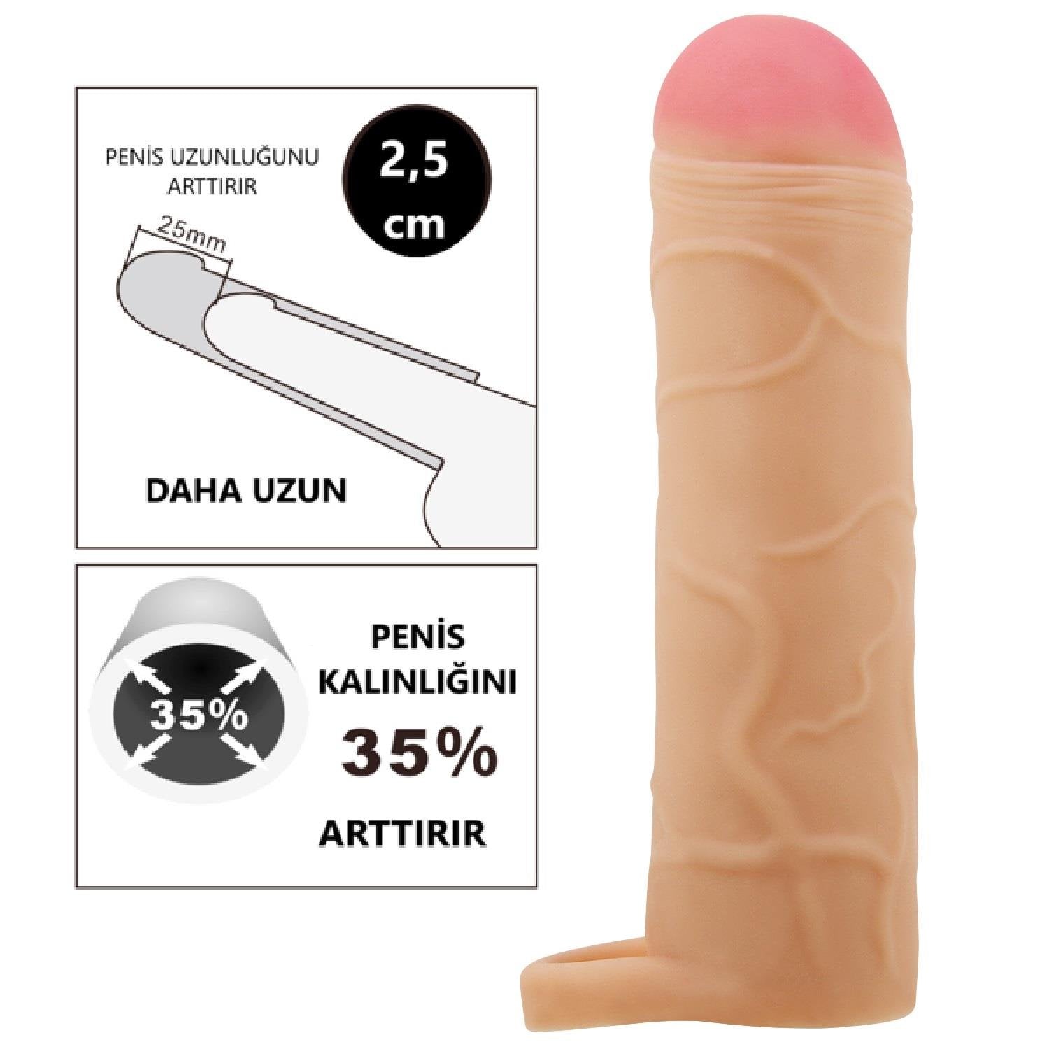 Extended Series Premium Dokulu 2,5 CM Dolgulu Testis Halkalı Ten Rengi Silikon Penis Kılıfı Bunion