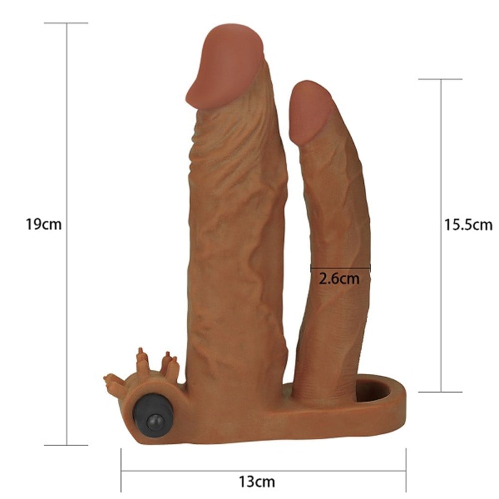 Pleasure X Tender 5 CM Uzatmalı Çiftli İçi Boş Titreşimli 19 CM Çatal Dildo Melez Penis Kılıfı
