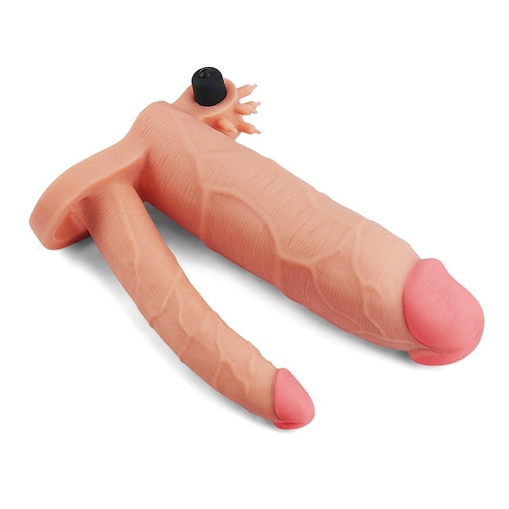 Pleasure X Tender 7,5 CM Uzatmalı Çiftli İçi Boş Titreşimli 21 cm Çatal Dildo Penis Kılıfı