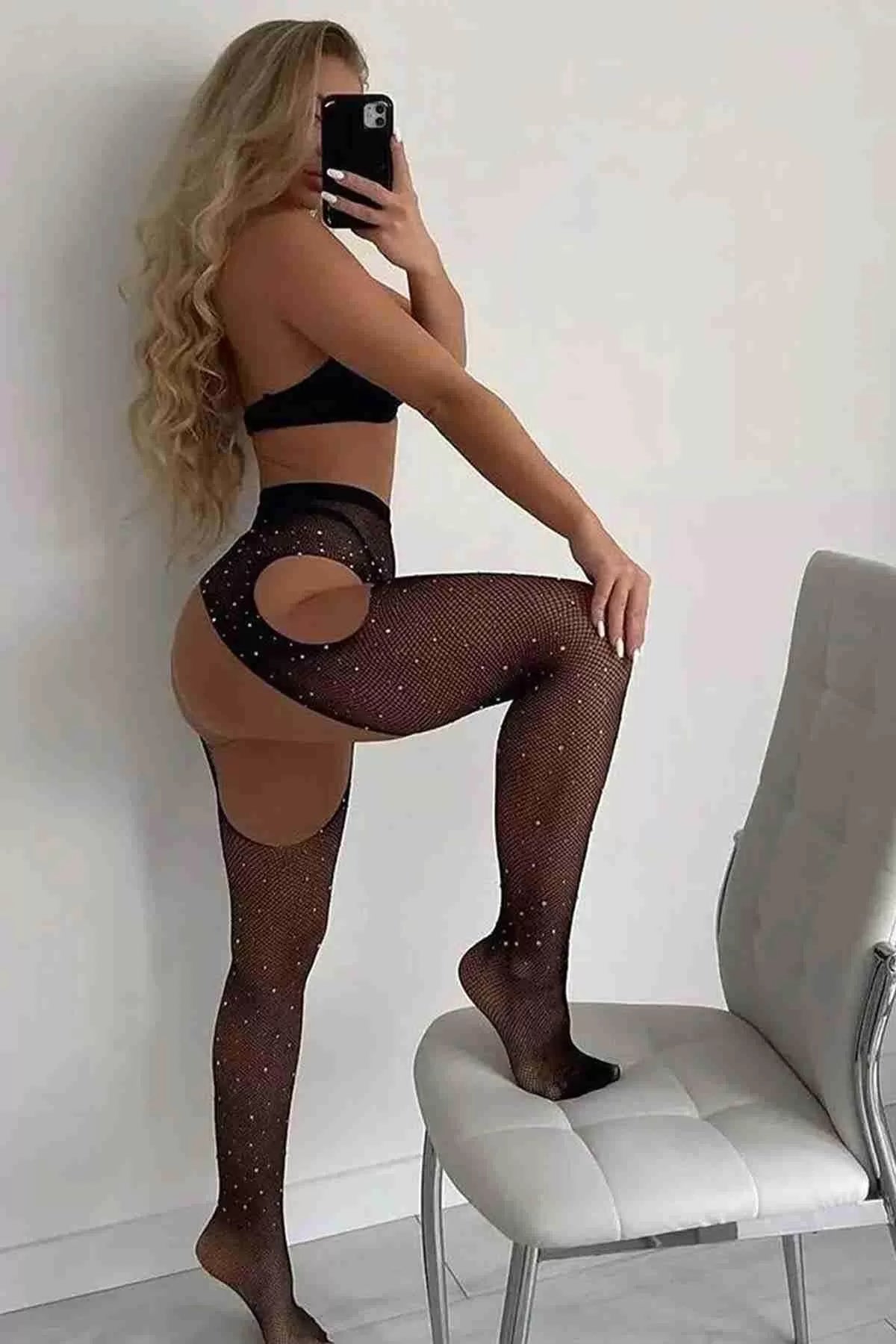 Fantazi File Taşlı Jartiyer Görünümlü Seksi Külotlu Çorap