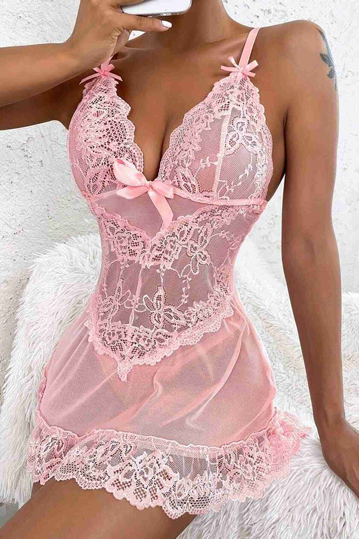 Fantazi Dantel Gecelik Babydoll İç giyim Pembe