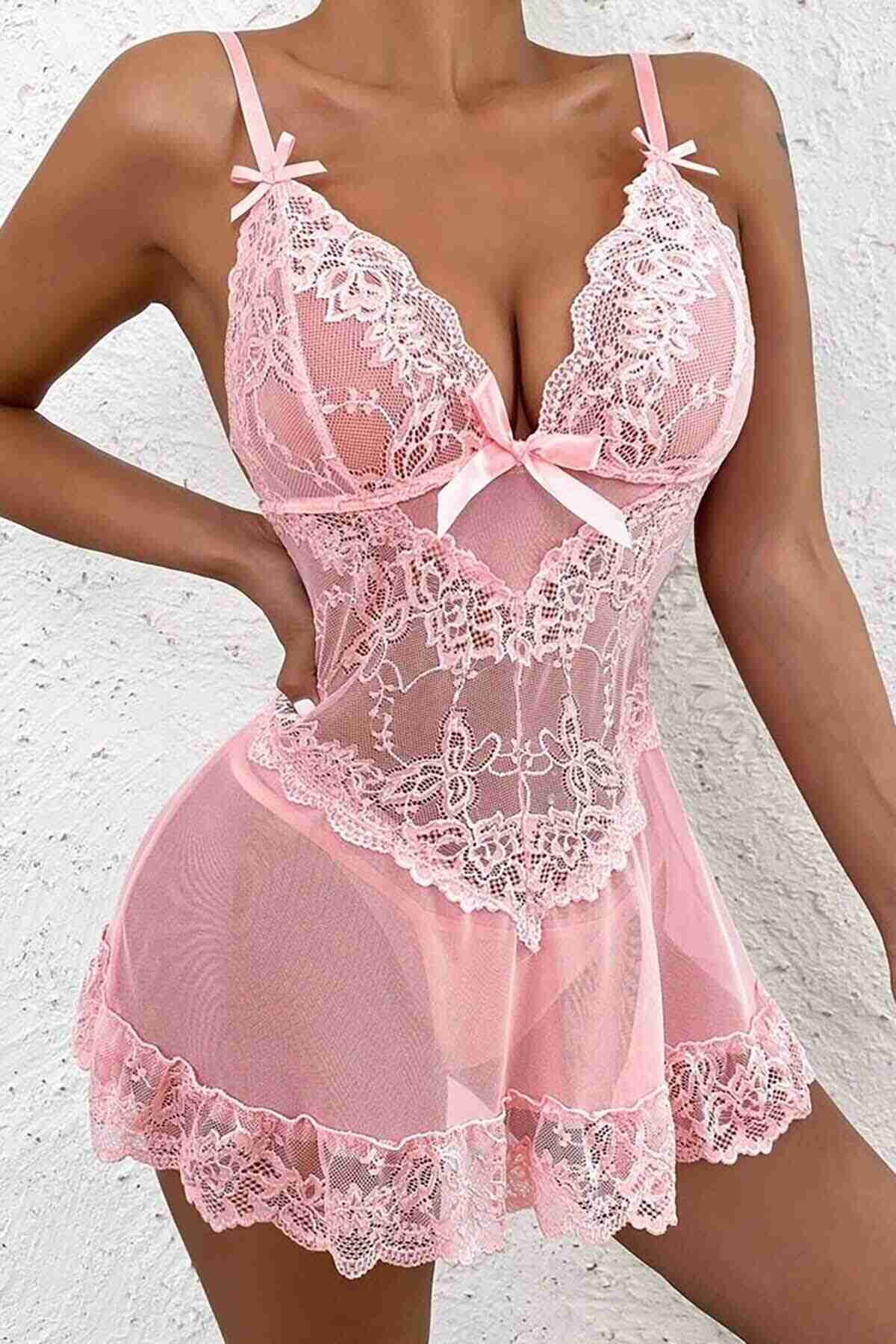 Fantazi Dantel Gecelik Babydoll İç giyim Pembe
