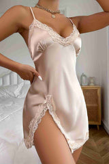 Aşk Lingerie Fantazi Dantel Büzgü Detaylı Yırtmaçlı Saten Gecelik Bej