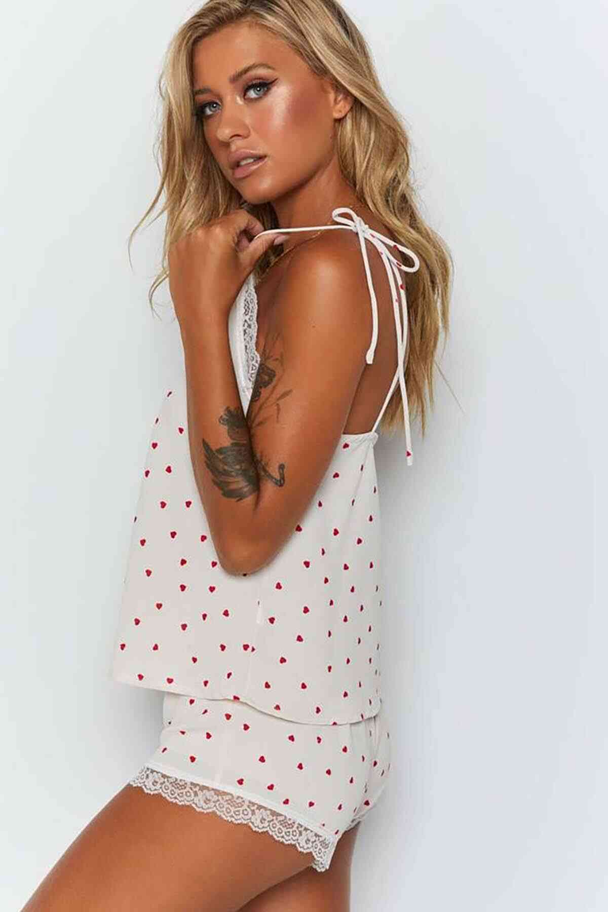Aşk Fantazi Dantel İşlemeli Kalpli Şortlu Pijama Takım Beyaz