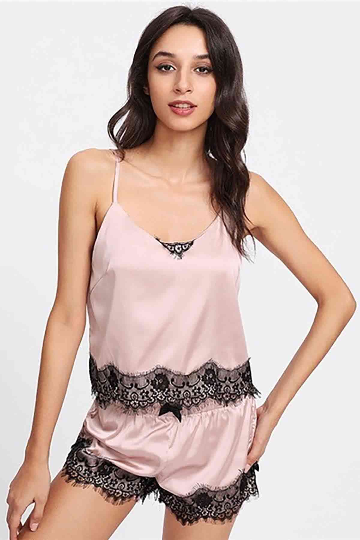Fantazi Dantel İşlemeli Saten Sortlu Gecelik Pijama Takım Pembe