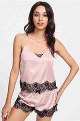 Fantazi Dantel İşlemeli Saten Sortlu Gecelik Pijama Takım Pembe
