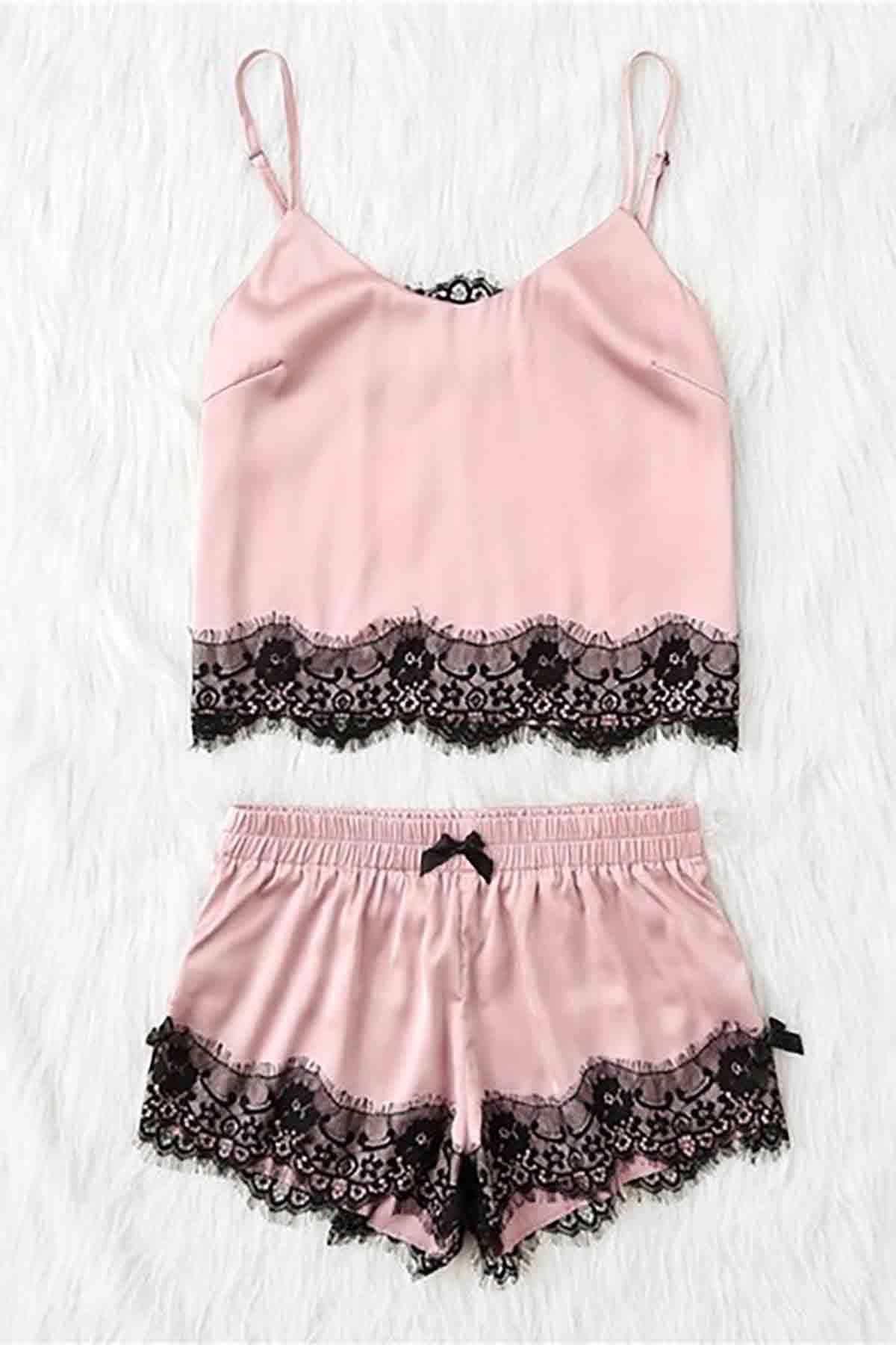 Fantazi Dantel İşlemeli Saten Sortlu Gecelik Pijama Takım Pembe