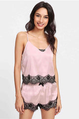 Fantazi Dantel İşlemeli Saten Sortlu Gecelik Pijama Takım Pembe