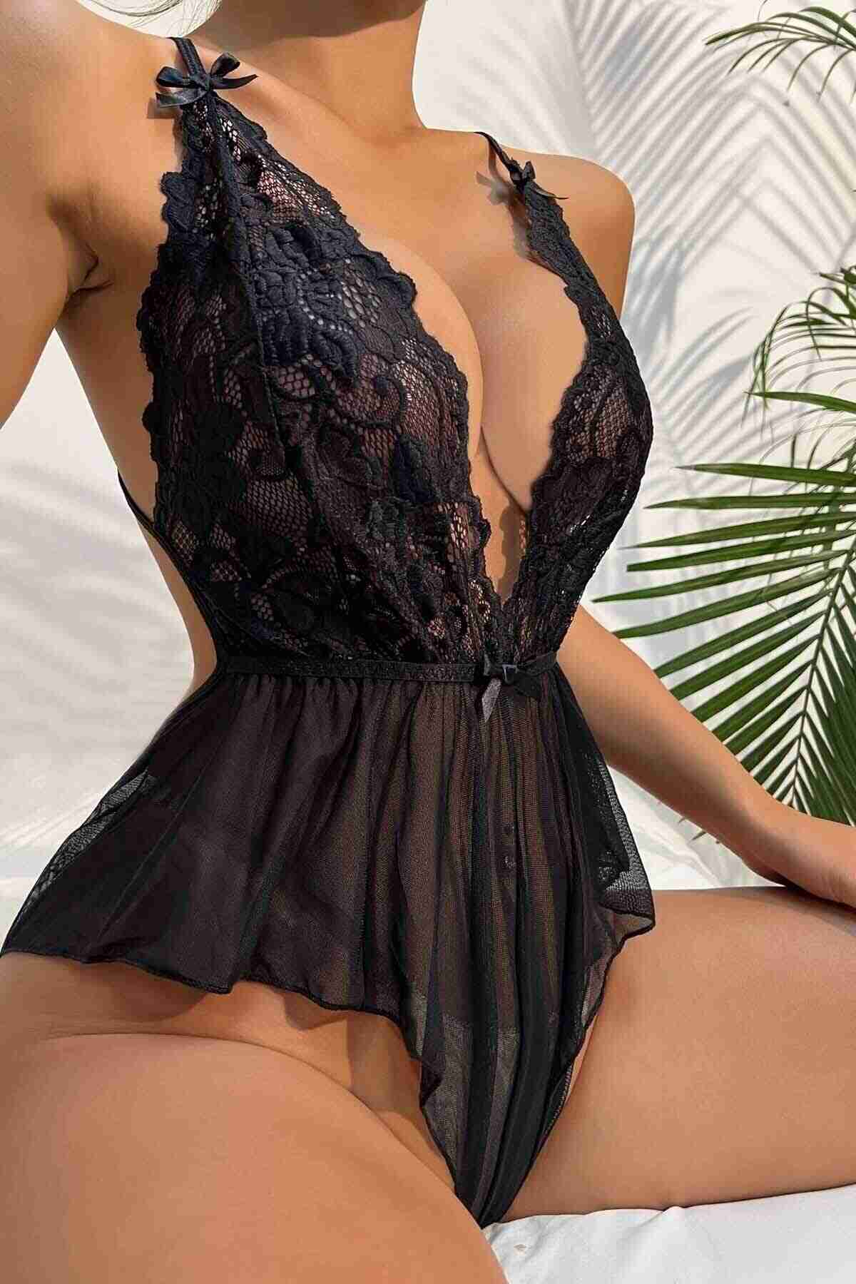 Aşk Fantazi Dantelli Gecelik Babydoll Bodysuit Siyah