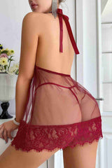 Aşk Lingerie Fantezi Dantelli Transparan Tangalı Gecelik Takım Kırmızı