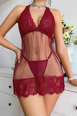 Aşk Lingerie Fantezi Dantelli Transparan Tangalı Gecelik Takım Kırmızı