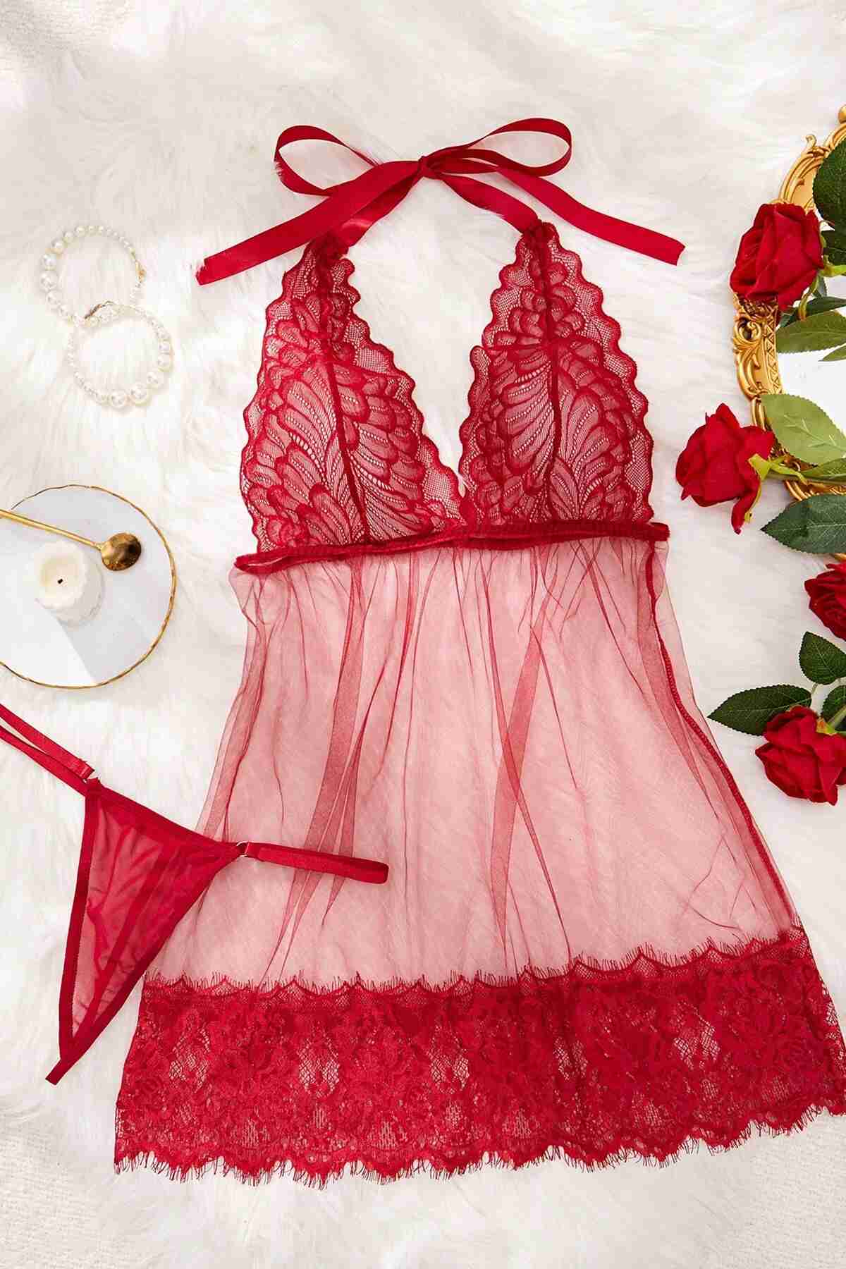 Aşk Lingerie Fantezi Dantelli Transparan Tangalı Gecelik Takım Kırmızı