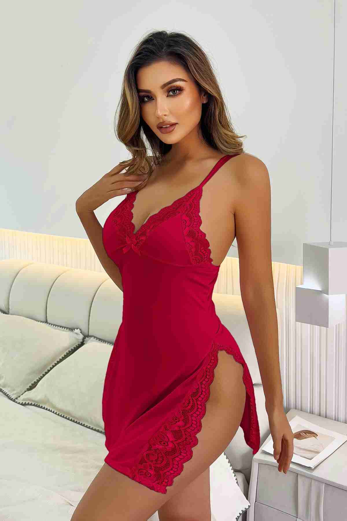 Aşk Lingerie Dantelli Yanlardan Derin Yırtmaçlı Gecelik Kırmızı