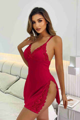 Aşk Lingerie Dantelli Yanlardan Derin Yırtmaçlı Gecelik Kırmızı