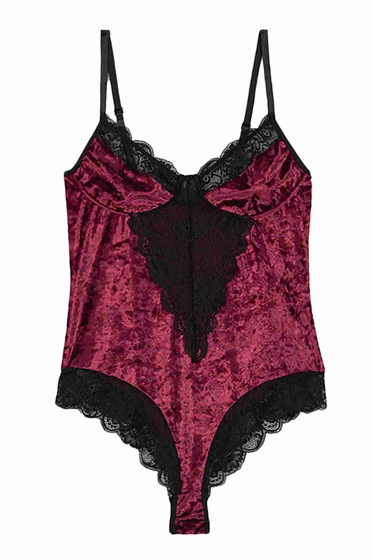 Aşk Fantazi Kadife Body Gecelik Babydoll Bordo Siyah