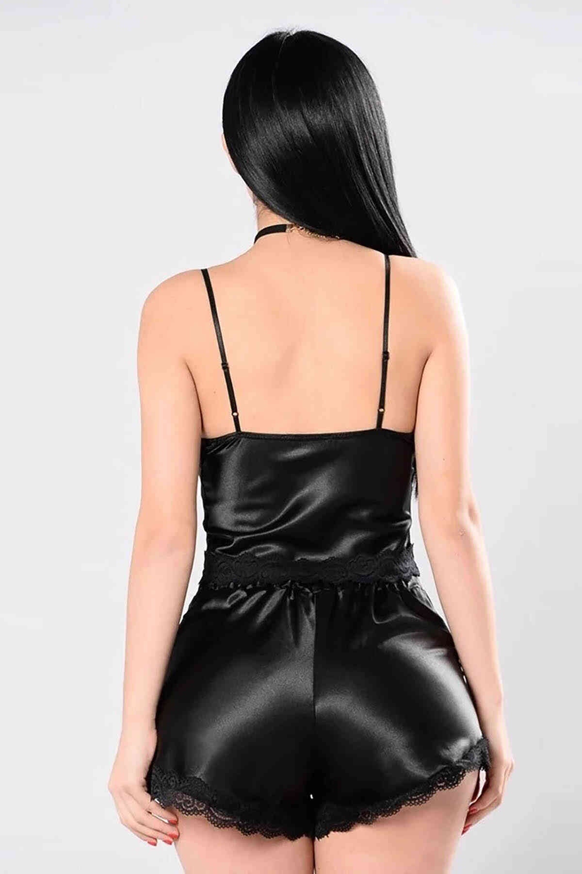 Fantazi Özel Saten Dantel Tasarımlı Şortlu Pijama Takım Siyah