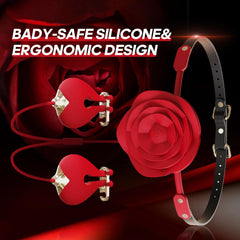 Aşk Fantazi Gül Tasarımlı Ağız Tıkacı ve Titreşimli Meme Kıskaç Seti